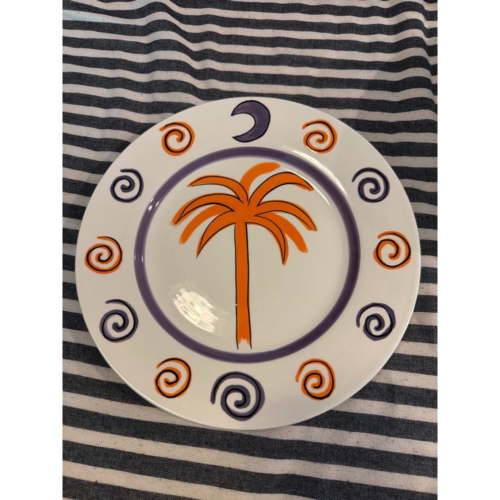 Handpicked Hand Painted Ceramic Plate Palm Tree Moon Spirals CU color scheme